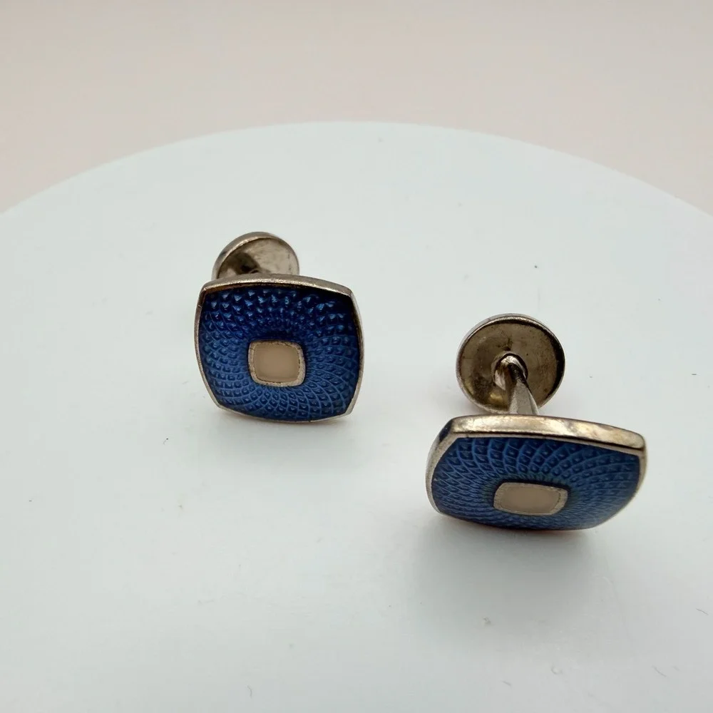 Vintage 90s Silver Tone Men Cufflink Stud Set Blue Red Enamel Jewelry